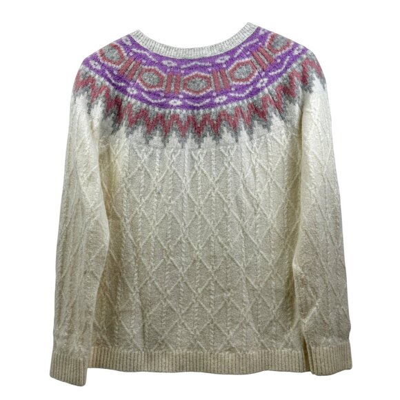 Talbots Petite Fair Isle Sweater Large Cream Prple Pink Nordic Knit Alpaca Blend - Picture 2 of 5